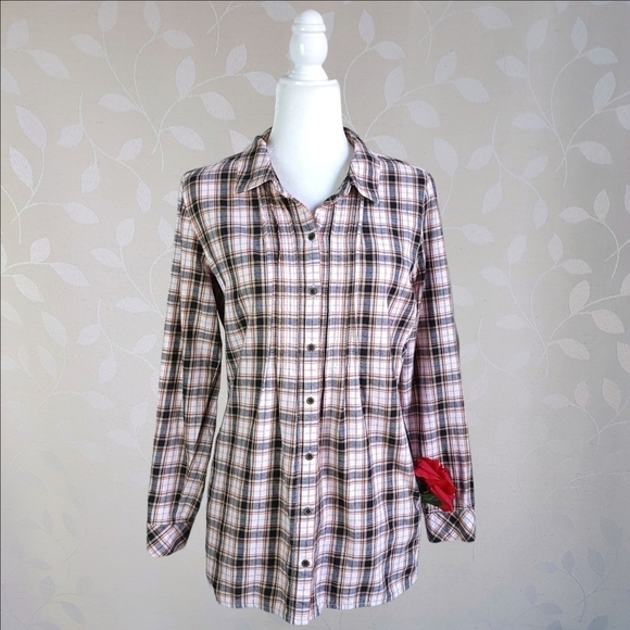 J. Jill Plaid Flannel Button Down Cozy Fall Cottage Academia Tunic Top Black S - Picture 2 of 15